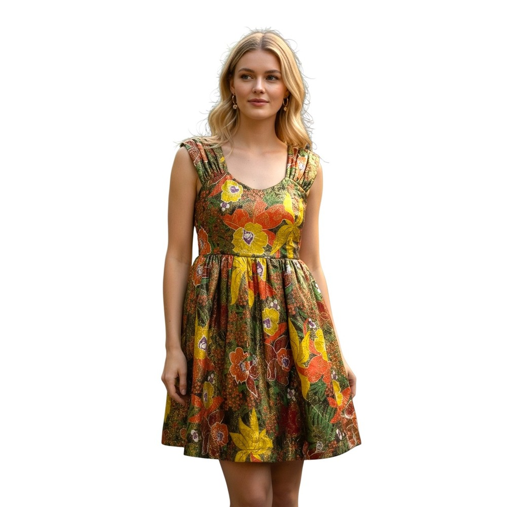 H&M Floral Brocade Mini Dress Gold Metallic Silk Blend Sleeveless Size 6 EUR 36